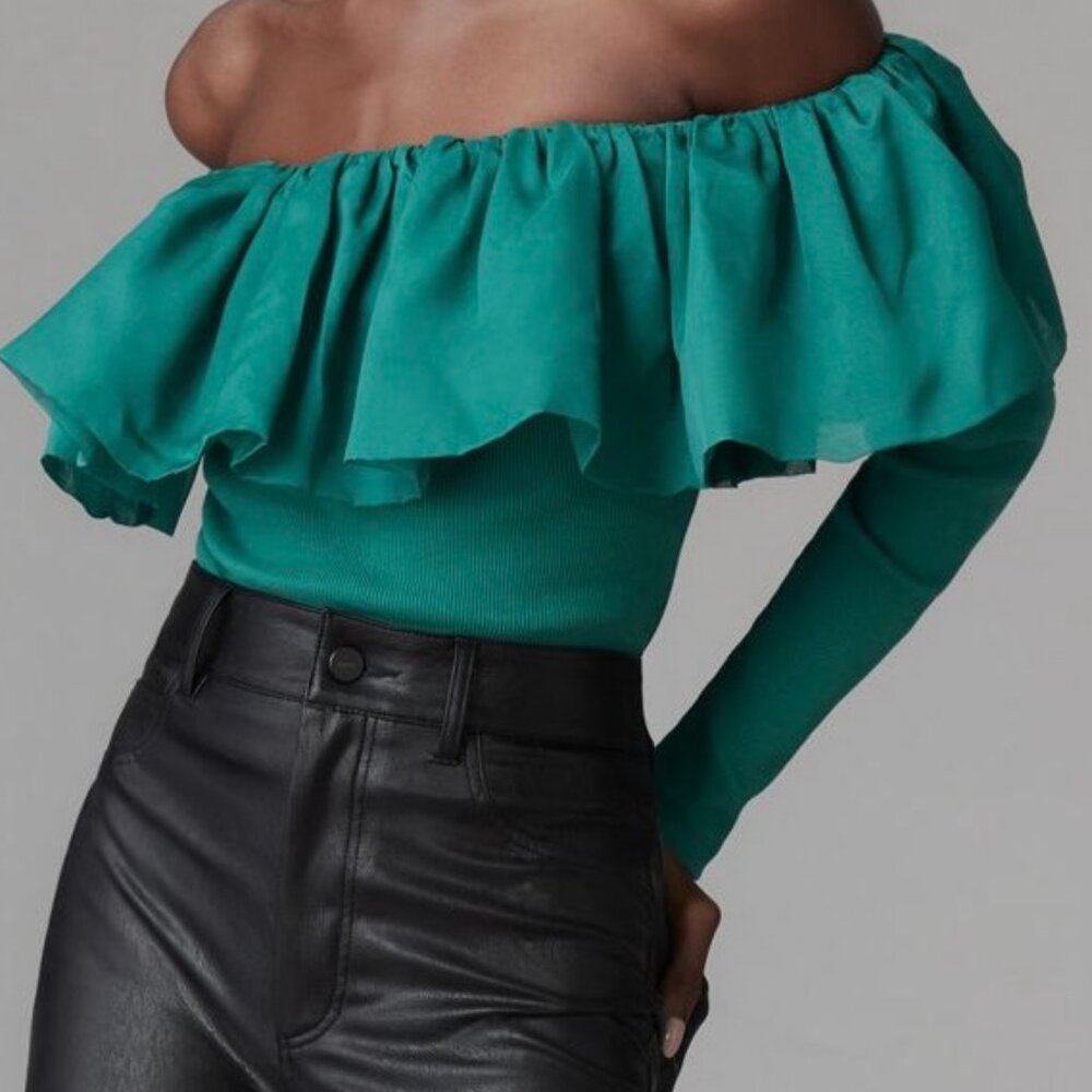 Anthropologie Teal Off-the-Shoulder Ruffled Long Sleeve Top Size L NWT